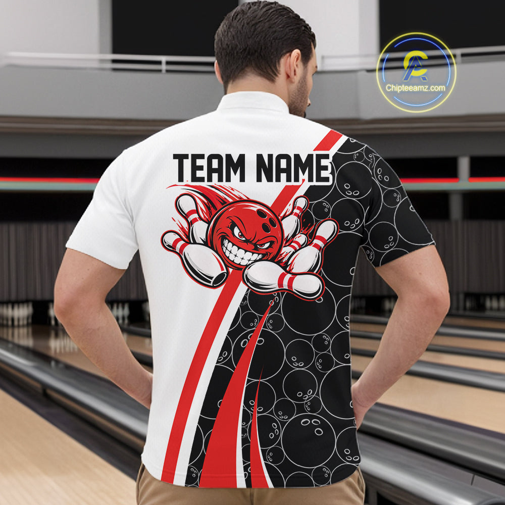Custom Funny Red Bowling Ball Men Quarter Zip Team Shirt, Bowling Tournament Jersey IPHW12785