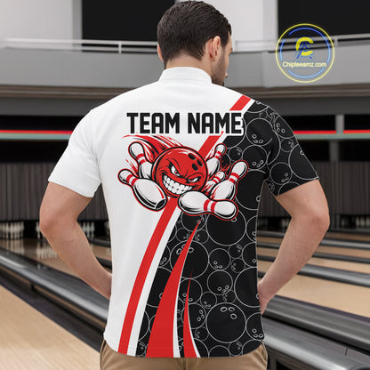 Custom Funny Red Bowling Ball Men Quarter Zip Team Shirt, Bowling Tournament Jersey IPHW12785