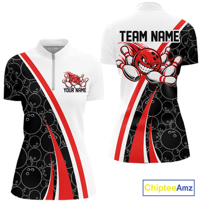 Custom Funny Red Bowling Ball Women Quarter-Zip Team Shirt, Bowling Tournament Jersey IPHW12785