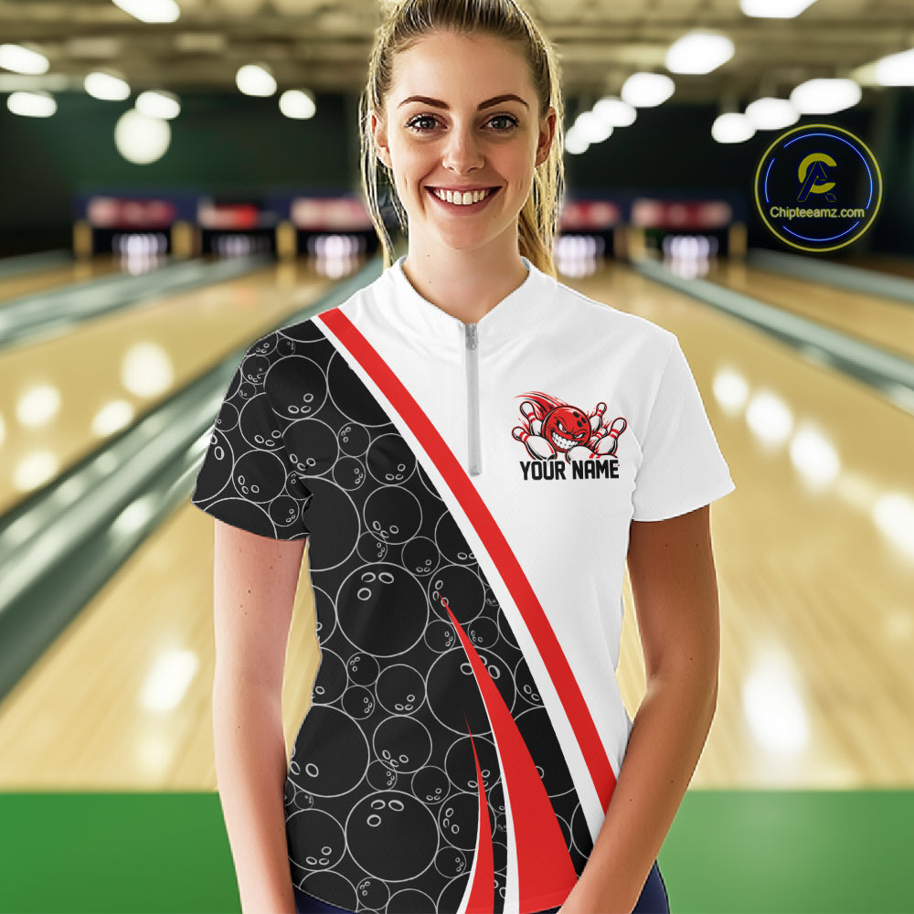 Custom Funny Red Bowling Ball Women Quarter-Zip Team Shirt, Bowling Tournament Jersey IPHW12785