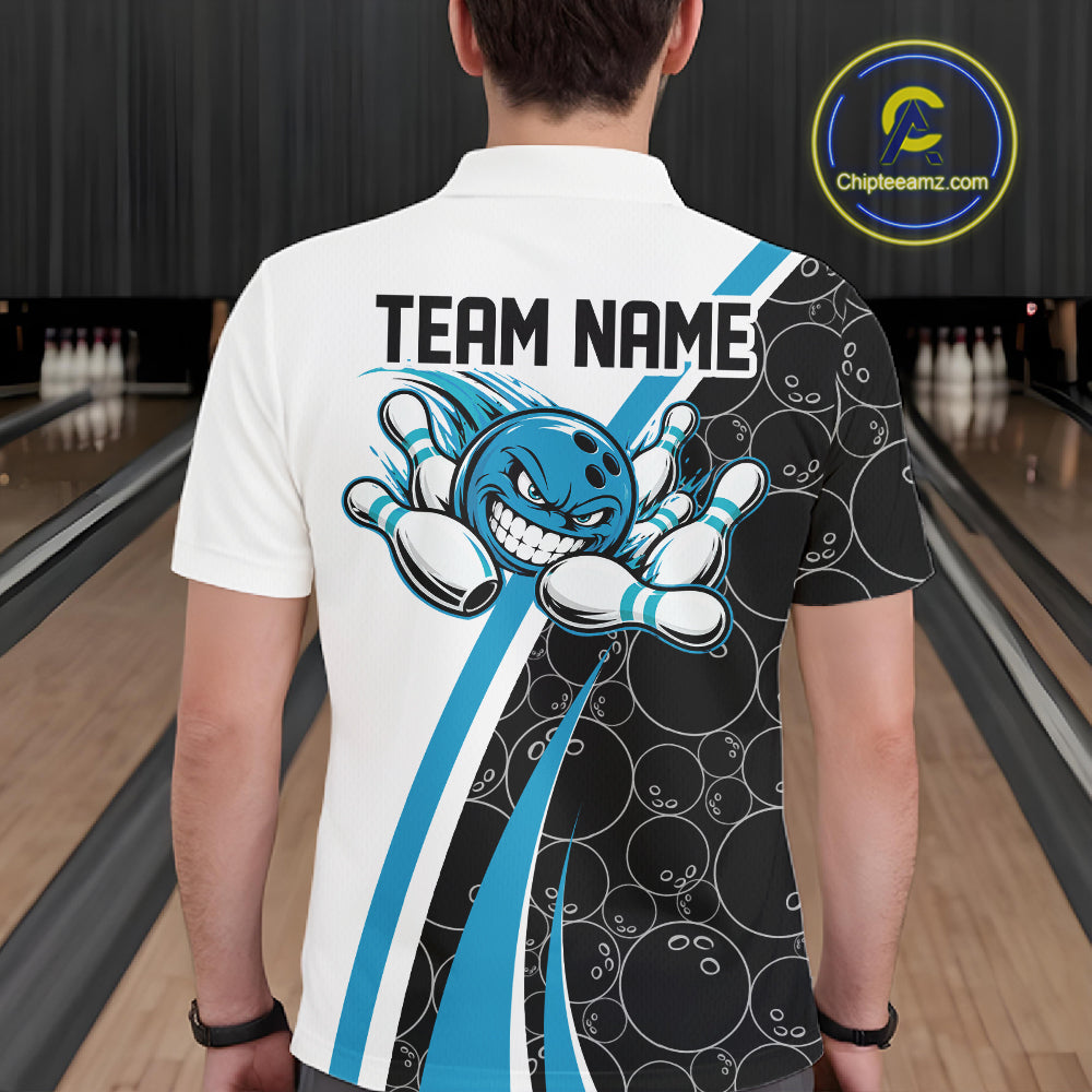 Custom Funny Blue Bowling Ball Men Polo Team Shirt, Bowling Tournament Jersey IPHW12786
