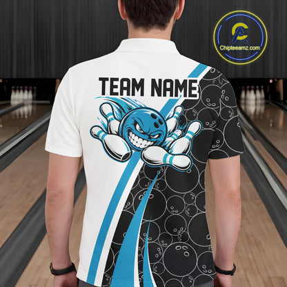 Custom Funny Blue Bowling Ball Men Polo Team Shirt, Bowling Tournament Jersey IPHW12786