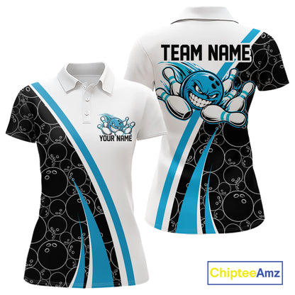 Custom Funny Blue Bowling Ball Women Polo Team Shirt, Bowling Tournament Jersey IPHW12786