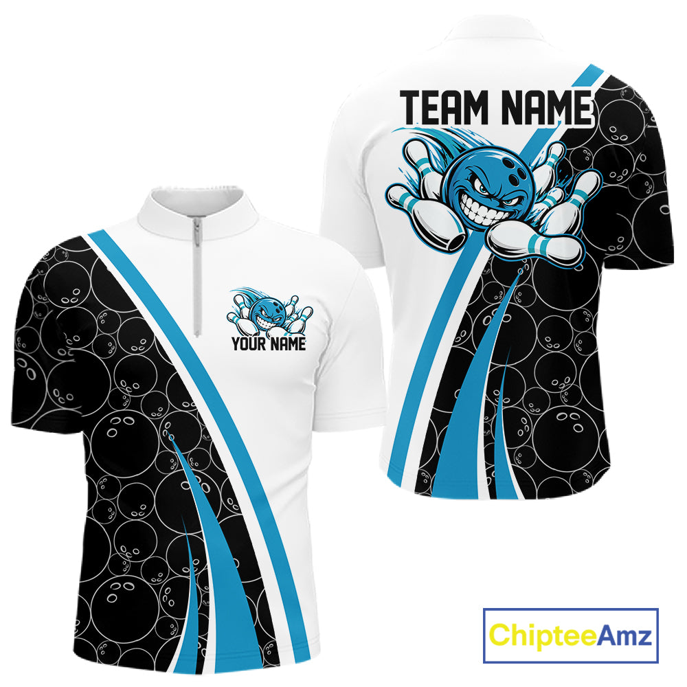 Custom Funny Blue Bowling Ball Men Quarter Zip Team Shirt, Bowling Tournament Jersey IPHW12786