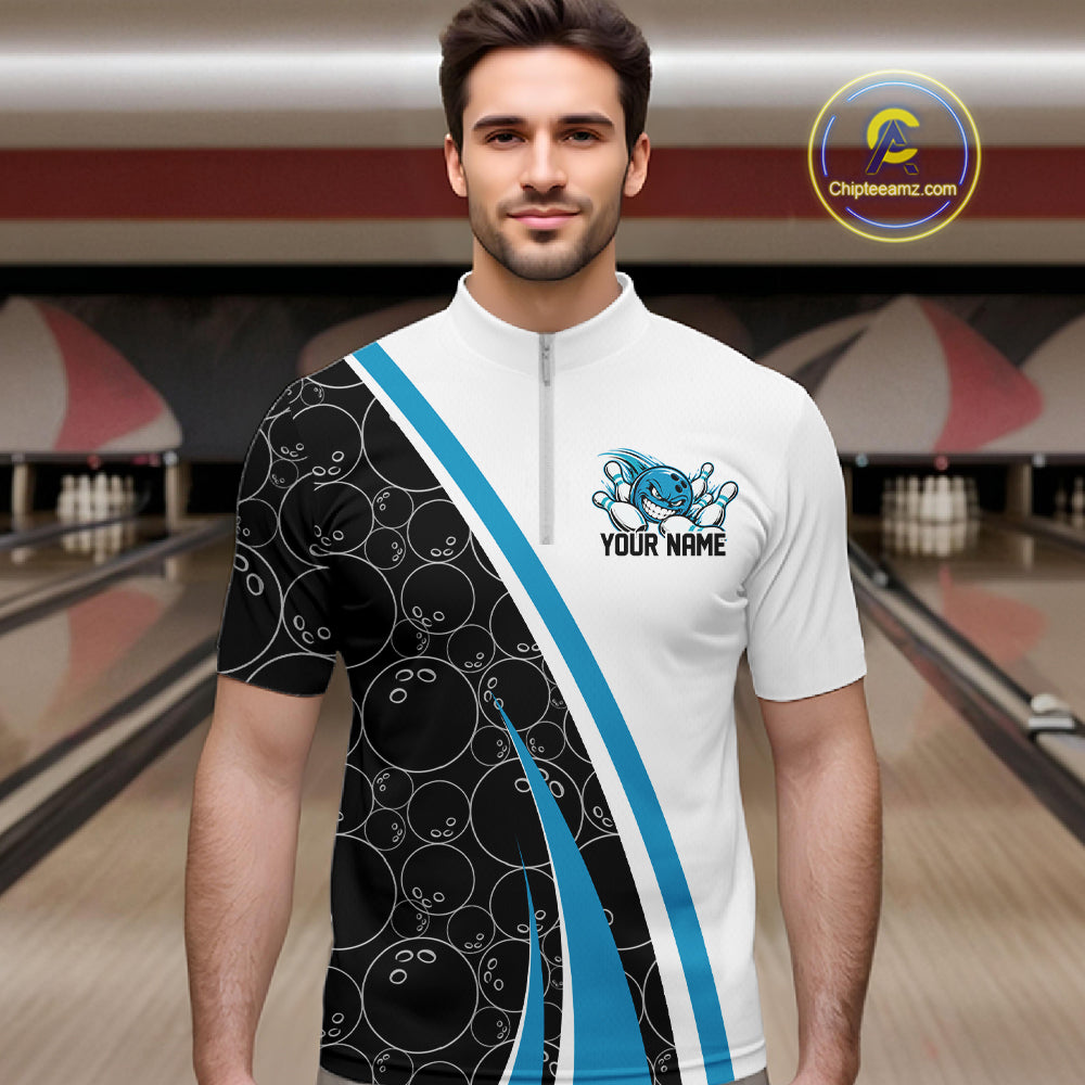 Custom Funny Blue Bowling Ball Men Quarter Zip Team Shirt, Bowling Tournament Jersey IPHW12786