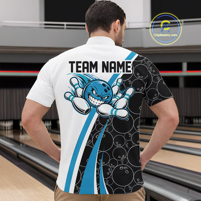 Custom Funny Blue Bowling Ball Men Quarter Zip Team Shirt, Bowling Tournament Jersey IPHW12786