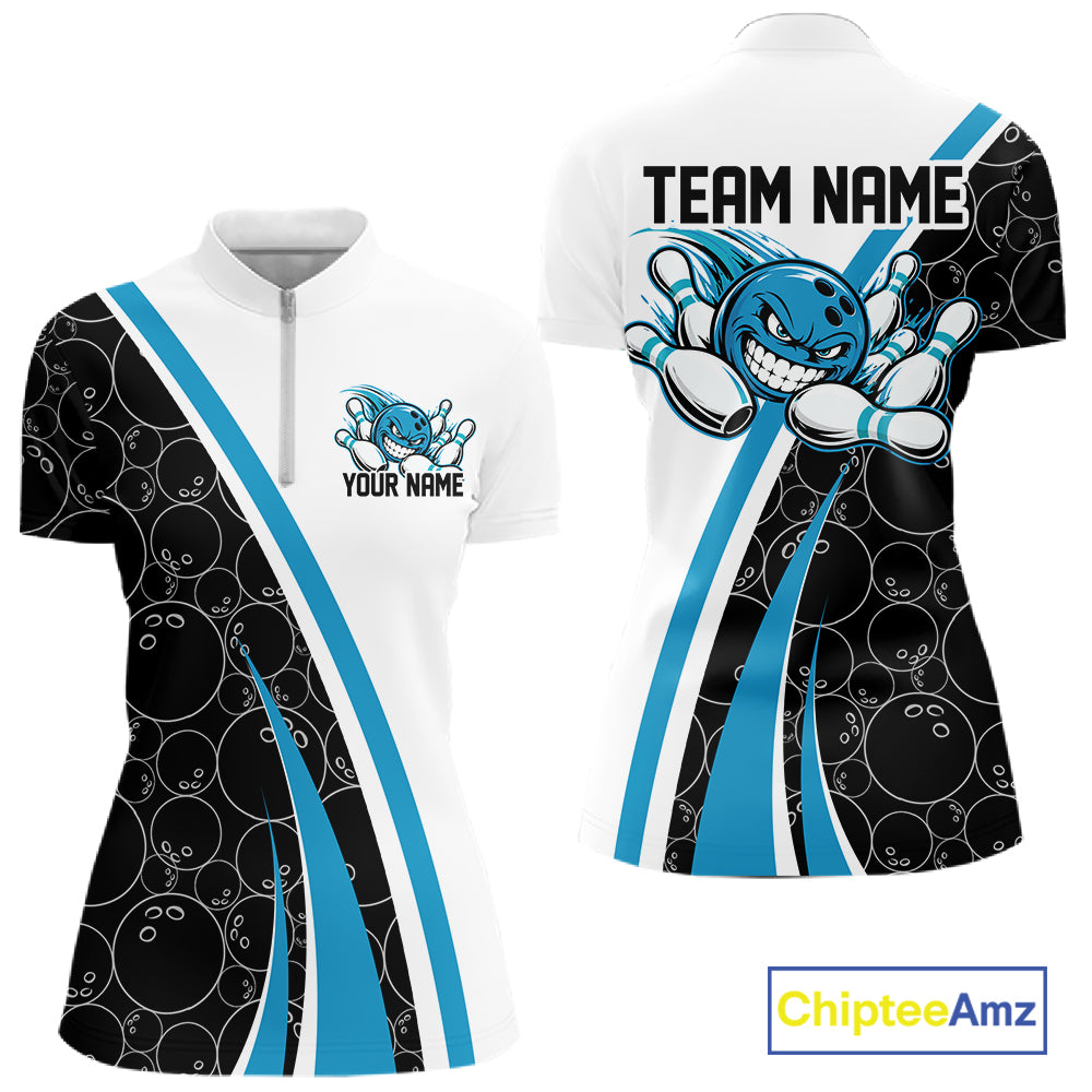 Custom Funny Blue Bowling Ball Women Quarter-Zip Team Shirt, Bowling Tournament Jersey IPHW12786