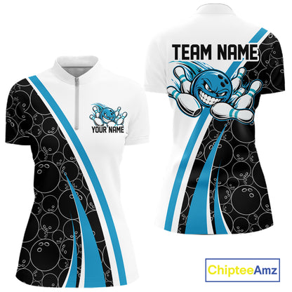 Custom Funny Blue Bowling Ball Women Quarter-Zip Team Shirt, Bowling Tournament Jersey IPHW12786