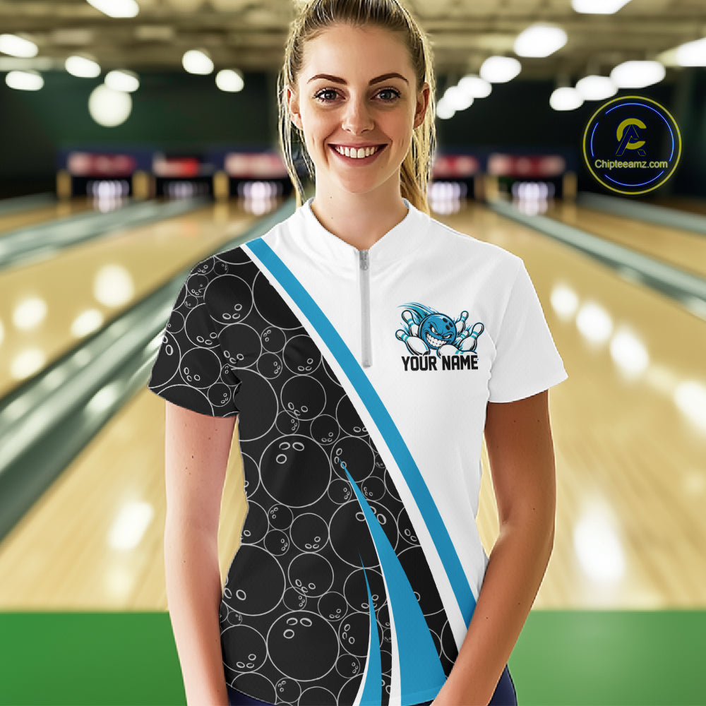 Custom Funny Blue Bowling Ball Women Quarter-Zip Team Shirt, Bowling Tournament Jersey IPHW12786