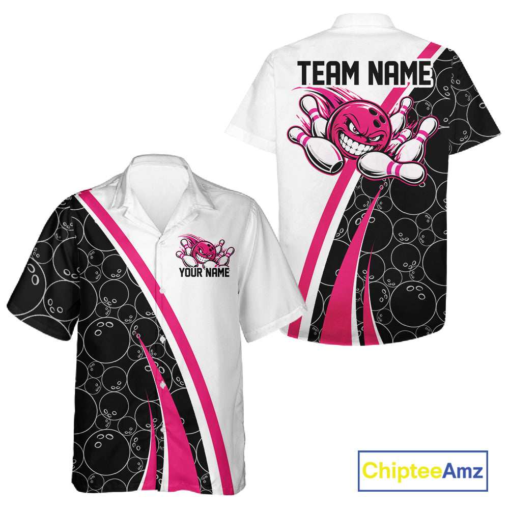 Custom Funny Pink Bowling Ball Men And Women Button Up Team Shirt, Bowling Tournament Jersey IPHW12787