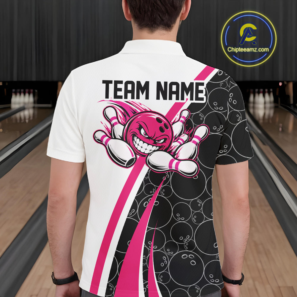Custom Funny Pink Bowling Ball Men Polo Team Shirt, Bowling Tournament Jersey IPHW12787