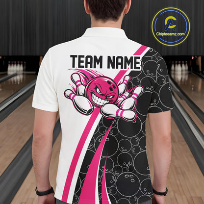 Custom Funny Pink Bowling Ball Men Polo Team Shirt, Bowling Tournament Jersey IPHW12787