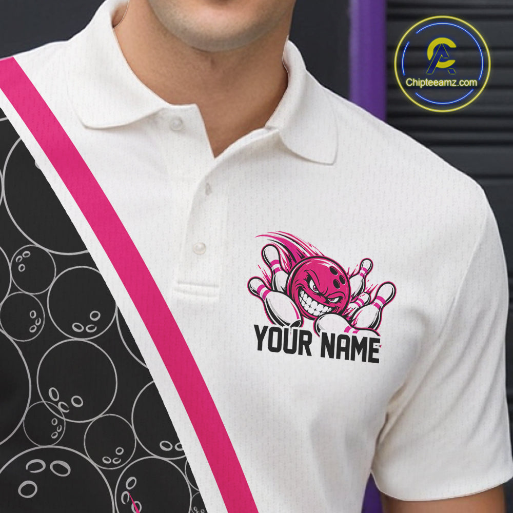 Custom Funny Pink Bowling Ball Men Polo Team Shirt, Bowling Tournament Jersey IPHW12787