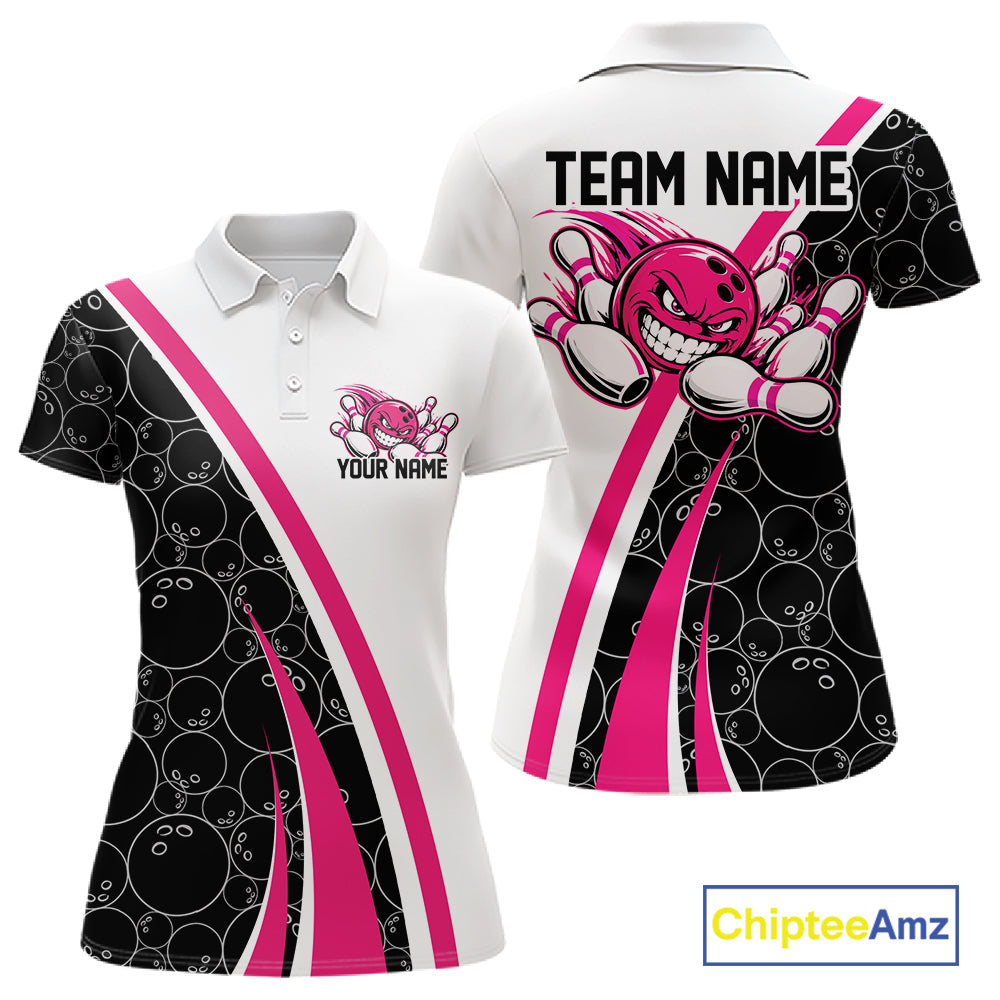 Custom Funny Pink Bowling Ball Women Polo Team Shirt, Bowling Tournament Jersey IPHW12787