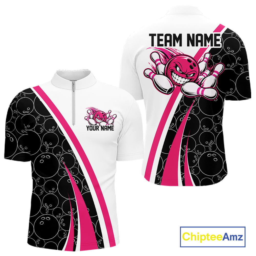 Custom Funny Pink Bowling Ball Men Quarter Zip Team Shirt, Bowling Tournament Jersey IPHW12787