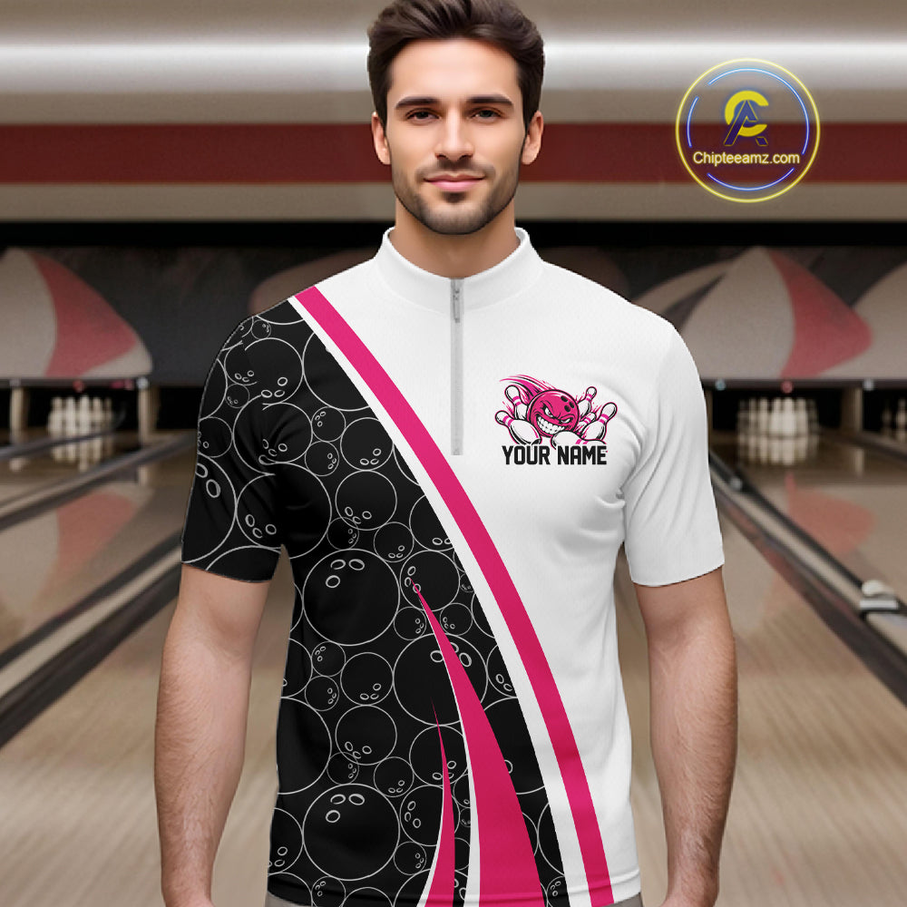 Custom Funny Pink Bowling Ball Men Quarter Zip Team Shirt, Bowling Tournament Jersey IPHW12787