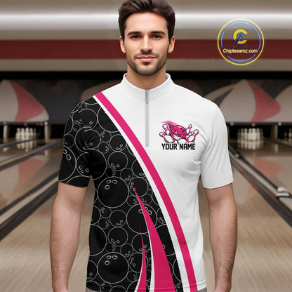 Custom Funny Pink Bowling Ball Men Quarter Zip Team Shirt, Bowling Tournament Jersey IPHW12787