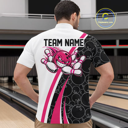 Custom Funny Pink Bowling Ball Men Quarter Zip Team Shirt, Bowling Tournament Jersey IPHW12787