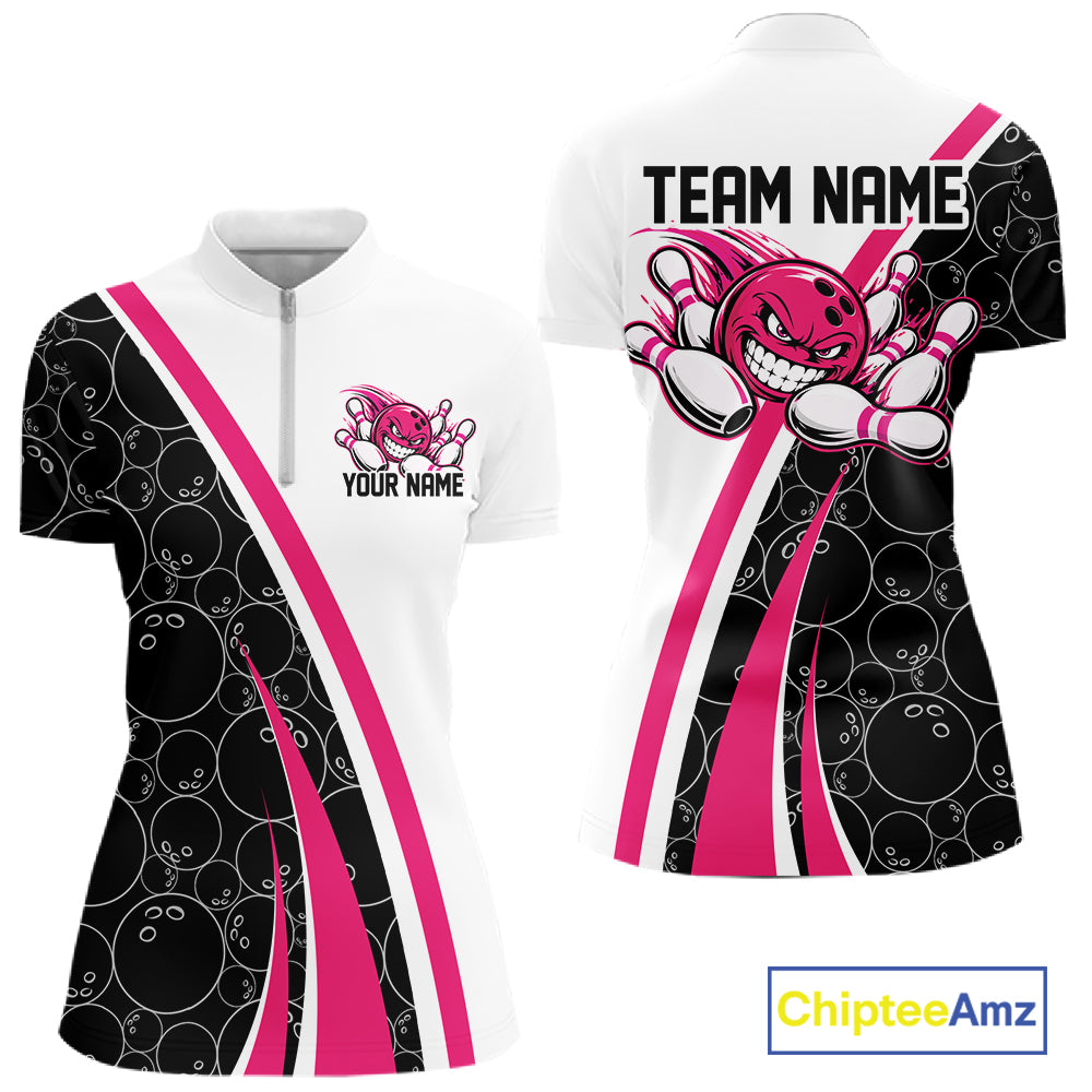 Custom Funny Pink Bowling Ball Women Quarter-Zip Team Shirt, Bowling Tournament Jersey IPHW12787