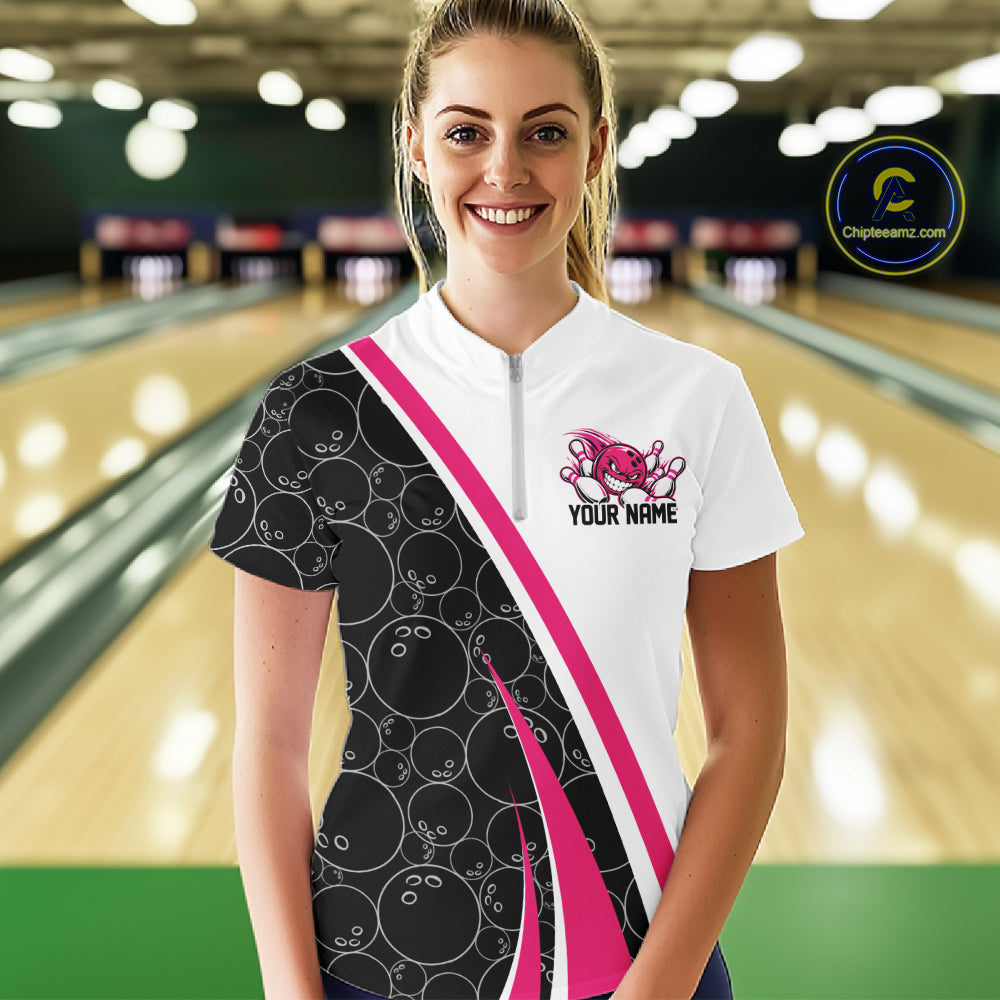 Custom Funny Pink Bowling Ball Women Quarter-Zip Team Shirt, Bowling Tournament Jersey IPHW12787