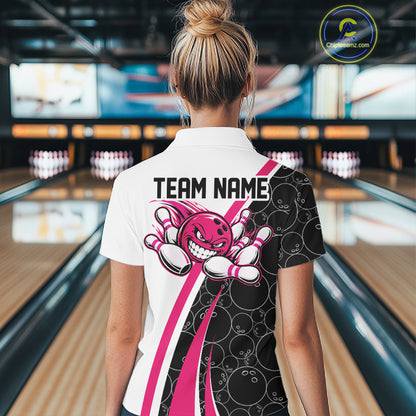 Custom Funny Pink Bowling Ball Women Quarter-Zip Team Shirt, Bowling Tournament Jersey IPHW12787