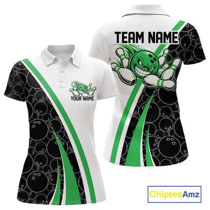 Custom Funny Green Bowling Ball Women Polo Team Shirt, Bowling Tournament Jersey IPHW12788