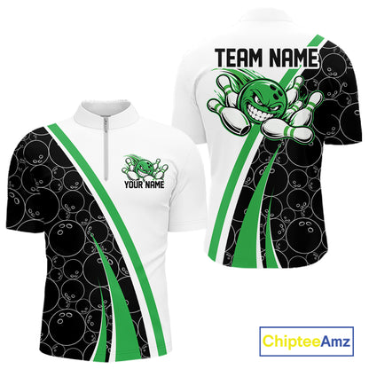 Custom Funny Green Bowling Ball Men Quarter Zip Team Shirt, Bowling Tournament Jersey IPHW12788