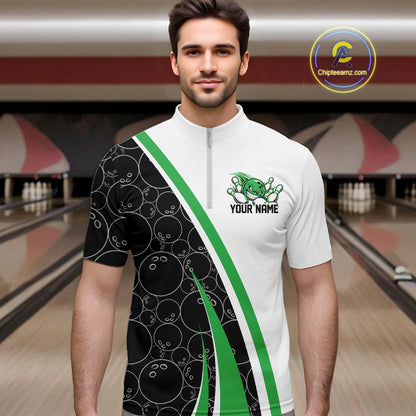Custom Funny Green Bowling Ball Men Quarter Zip Team Shirt, Bowling Tournament Jersey IPHW12788