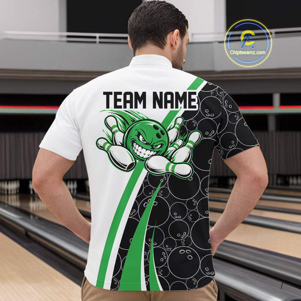 Custom Funny Green Bowling Ball Men Quarter Zip Team Shirt, Bowling Tournament Jersey IPHW12788
