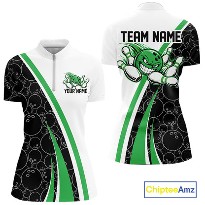 Custom Funny Green Bowling Ball Women Quarter-Zip Team Shirt, Bowling Tournament Jersey IPHW12788