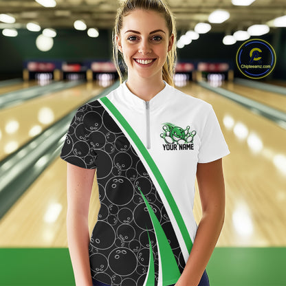 Custom Funny Green Bowling Ball Women Quarter-Zip Team Shirt, Bowling Tournament Jersey IPHW12788