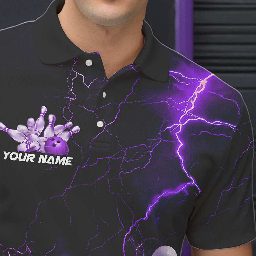 Custom Black And Purple Thunder Lightning Bowling Tournament Polo Shirts For Men IPHW8520