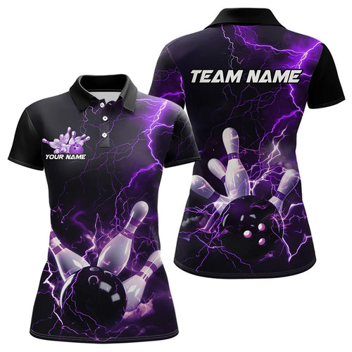 Custom Black And Purple Thunder Lightning Bowling Tournament Polo Shirts For Women IPHW8520