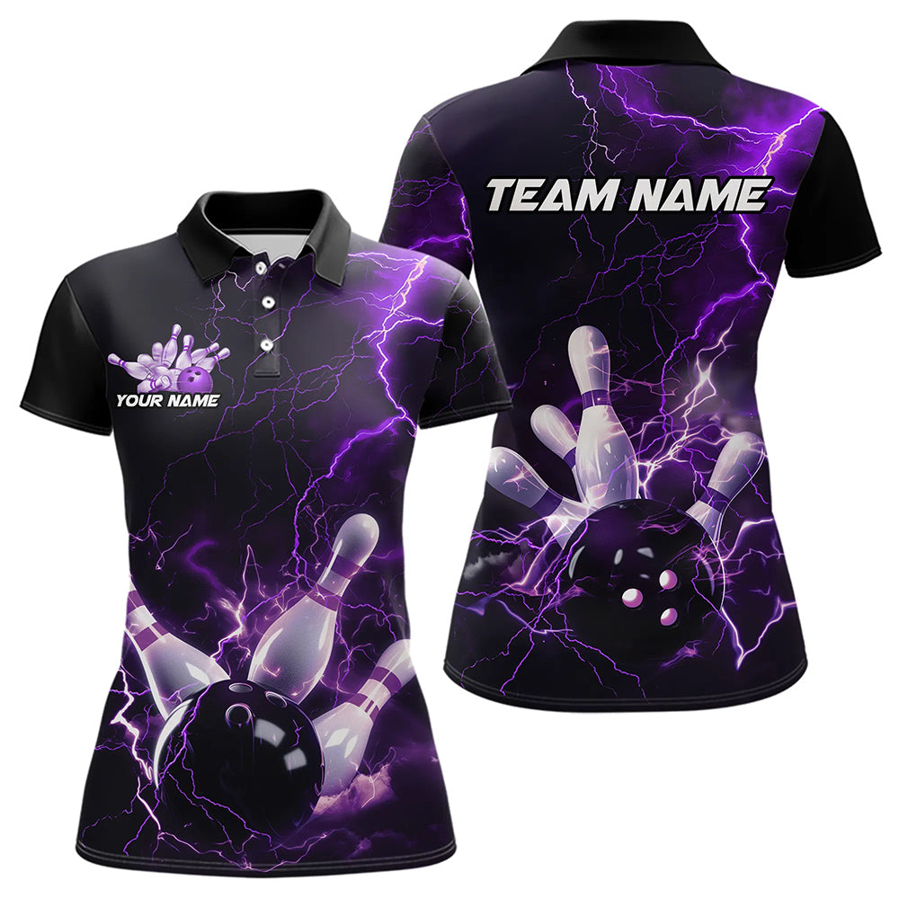 Custom Black And Purple Thunder Lightning Bowling Tournament Polo Shirts For Women IPHW8520