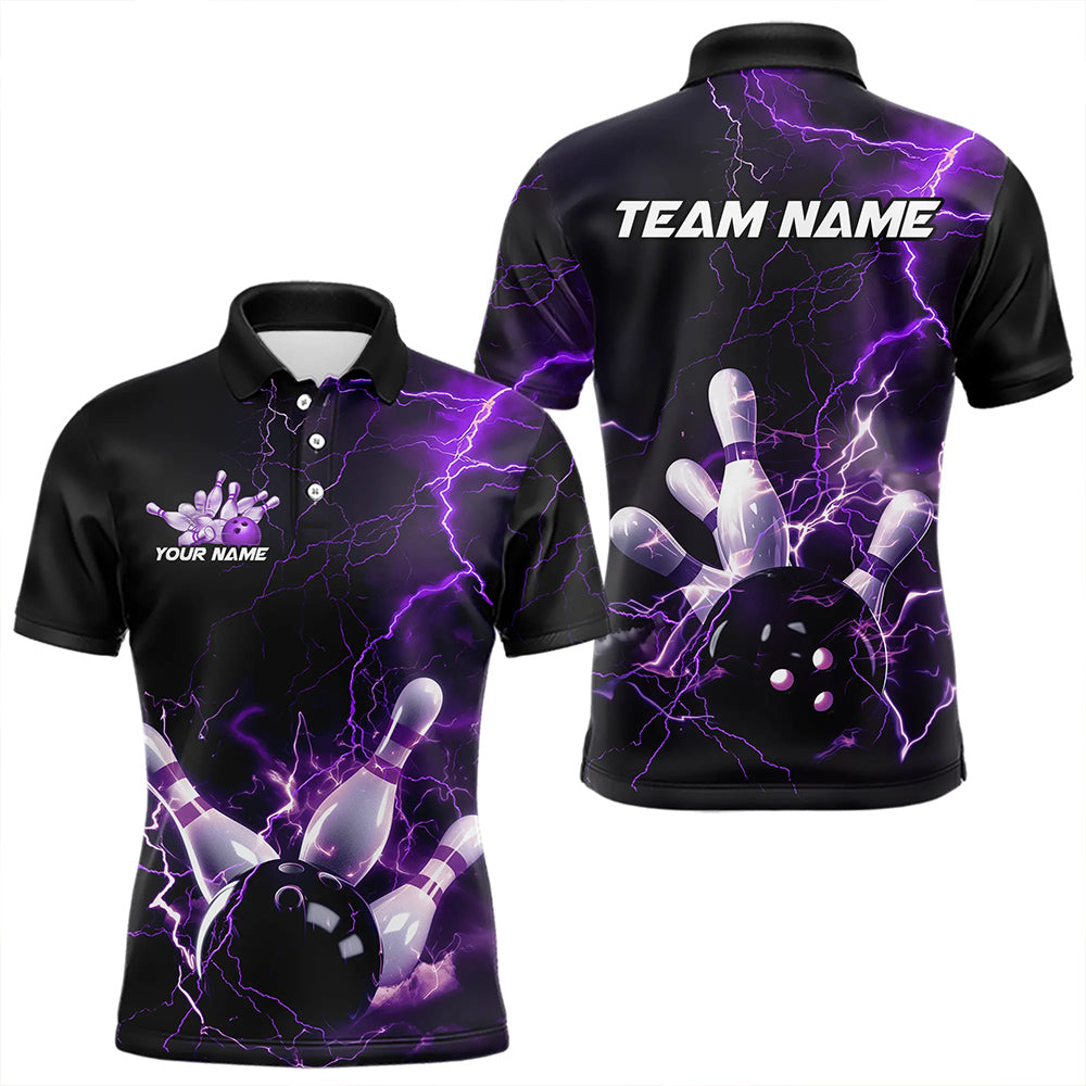 Custom Black And Purple Thunder Lightning Bowling Tournament Polo Shirts For Men IPHW8520