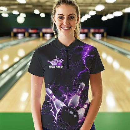 Custom Black And Purple Thunder Lightning Bowling Tournament Quarter-Zip Shirts For Women IPHW8520