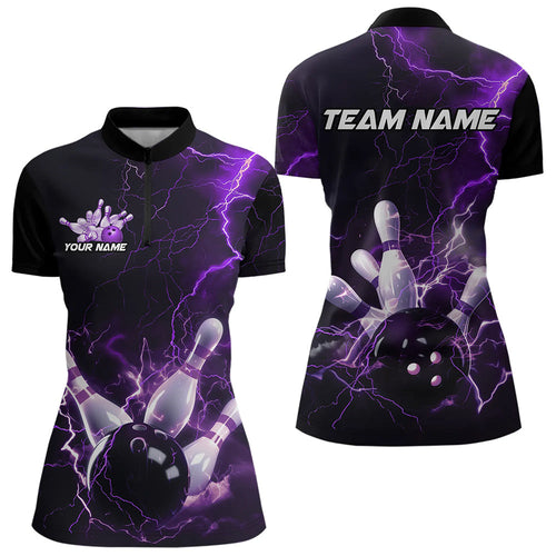 Custom Black And Purple Thunder Lightning Bowling Tournament Quarter-Zip Shirts For Women IPHW8520