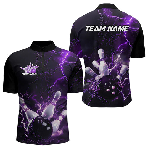 Custom Black And Purple Thunder Lightning Bowling Tournament Quarter-Zip Shirts For Men IPHW8520