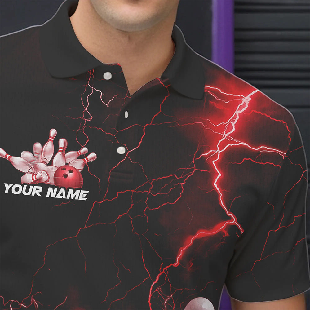 Custom Black And Red Thunder Lightning Bowling Tournament Polo Shirts For Men IPHW8521