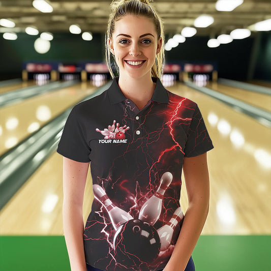 Custom Black And Red Thunder Lightning Bowling Tournament Polo Shirts For Women IPHW8521