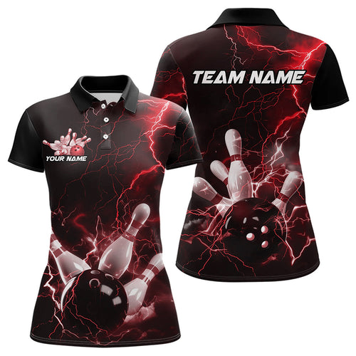 Custom Black And Red Thunder Lightning Bowling Tournament Polo Shirts For Women IPHW8521