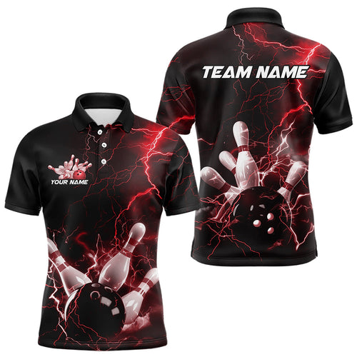 Custom Black And Red Thunder Lightning Bowling Tournament Polo Shirts For Men IPHW8521