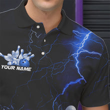 Load image into Gallery viewer, Custom Black And Blue Thunder Lightning Bowling Tournament Polo Shirts For Men IPHW8522