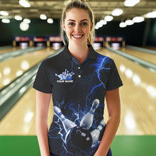 Load image into Gallery viewer, Custom Black And Blue Thunder Lightning Bowling Tournament Polo Shirts For Women IPHW8522