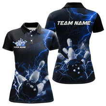 Load image into Gallery viewer, Custom Black And Blue Thunder Lightning Bowling Tournament Polo Shirts For Women IPHW8522