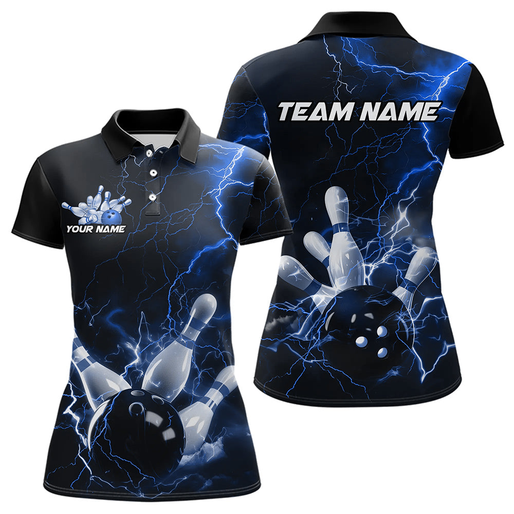 Custom Black And Blue Thunder Lightning Bowling Tournament Polo Shirts For Women IPHW8522