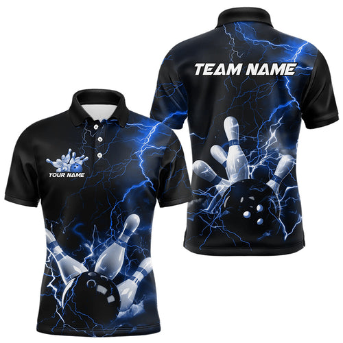Custom Black And Blue Thunder Lightning Bowling Tournament Polo Shirts For Men IPHW8522