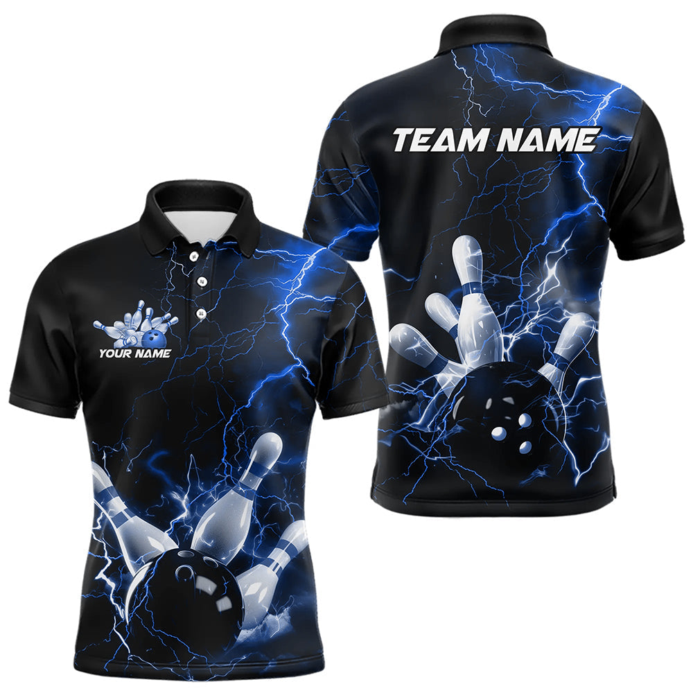 Custom Black And Blue Thunder Lightning Bowling Tournament Polo Shirts For Men IPHW8522