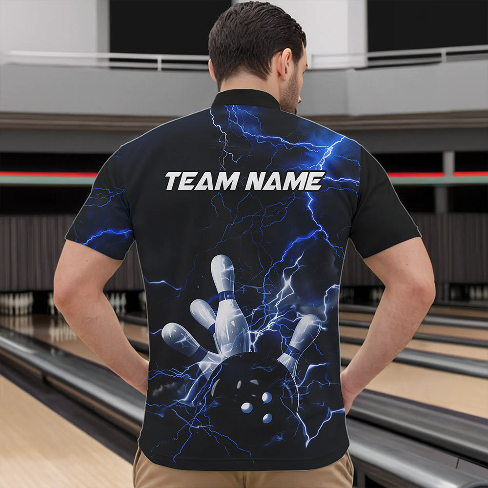 Custom Black And Blue Thunder Lightning Bowling Tournament Quarter-Zip Shirts For Men IPHW8522