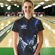 Load image into Gallery viewer, Custom Black And Blue Thunder Lightning Bowling Tournament Quarter-Zip Shirts For Women IPHW8522